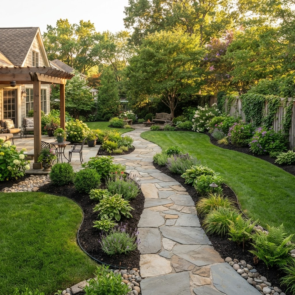 Beautifully landscaped residential backyard with trimmed grass and garden beds