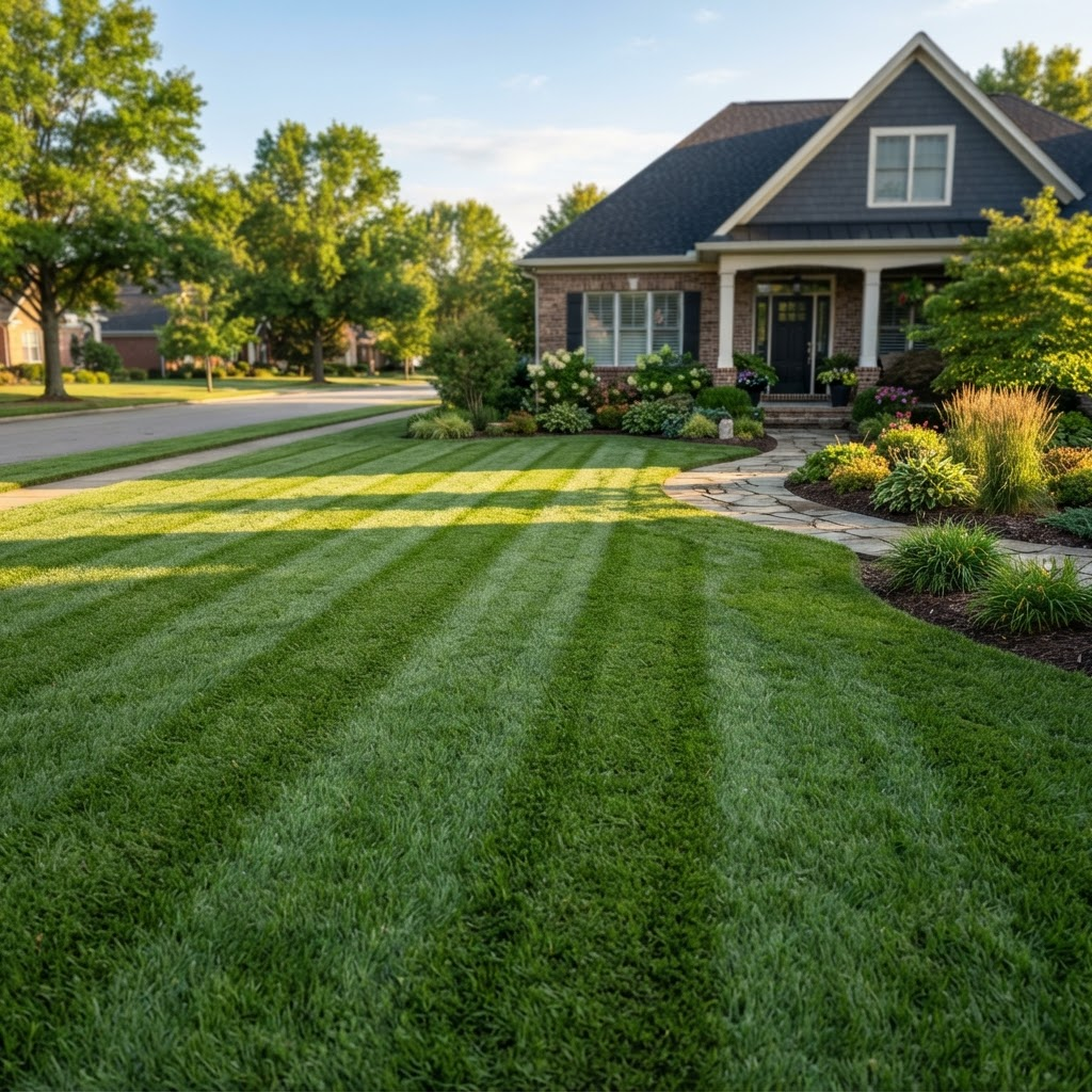 Freshly mowed green suburban lawn with clean mowing stripes