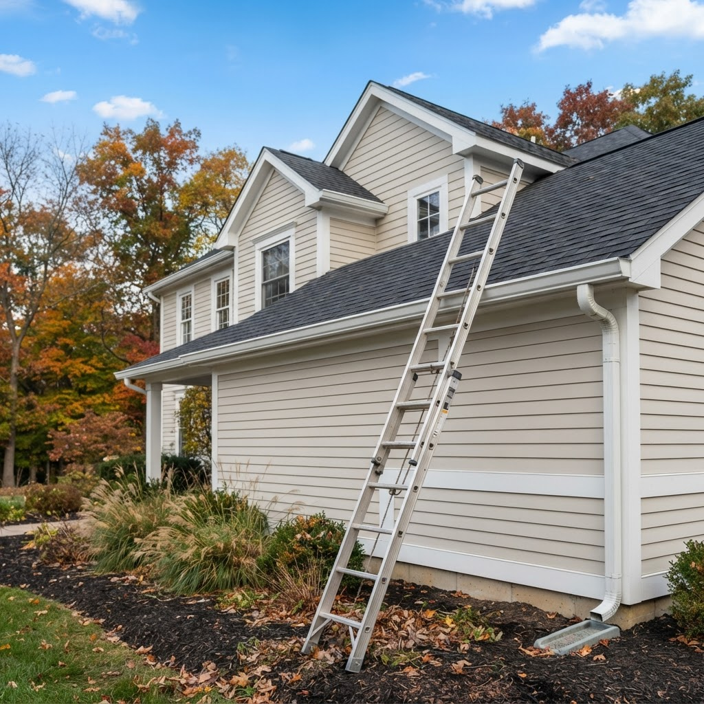 Clean residential gutters along a roof edge with a ladder leaning against the house