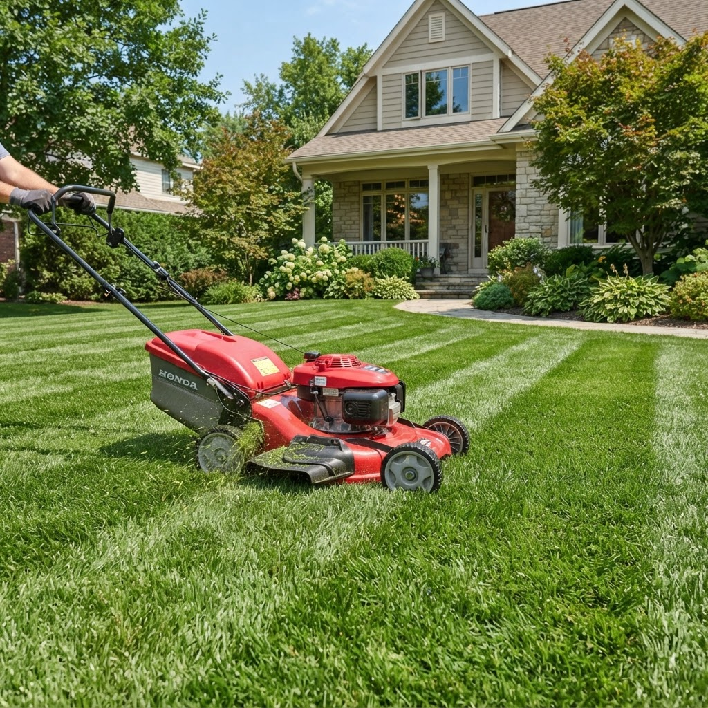 Red lawn mower cutting bright green grass with clean stripes