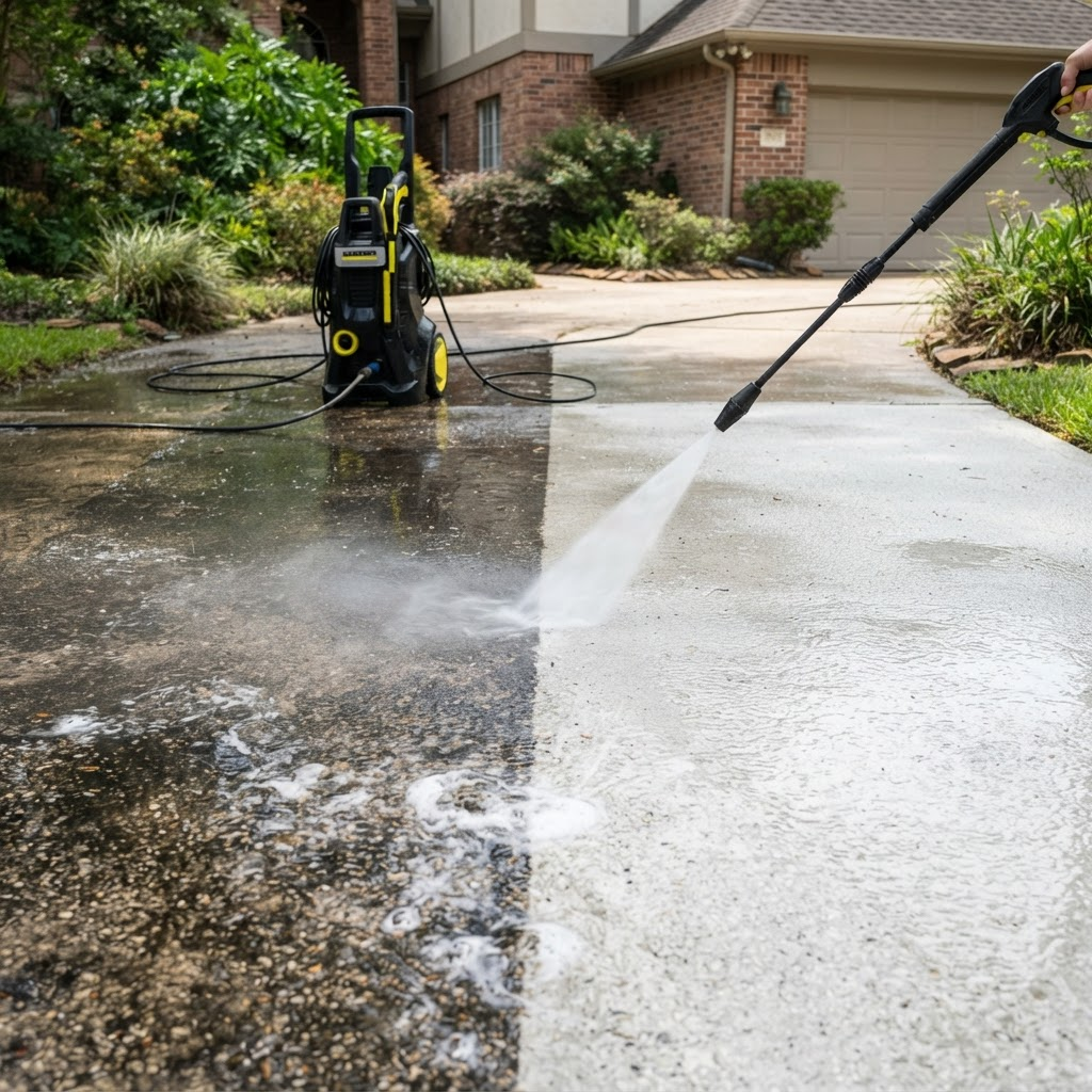 Pressure washer cleaning a concrete driveway with a clear clean-versus-dirty contrast